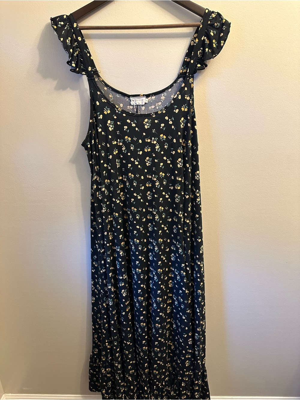 #351 Ruffled Strap Black Maxi Dress with Yellow Floral Print